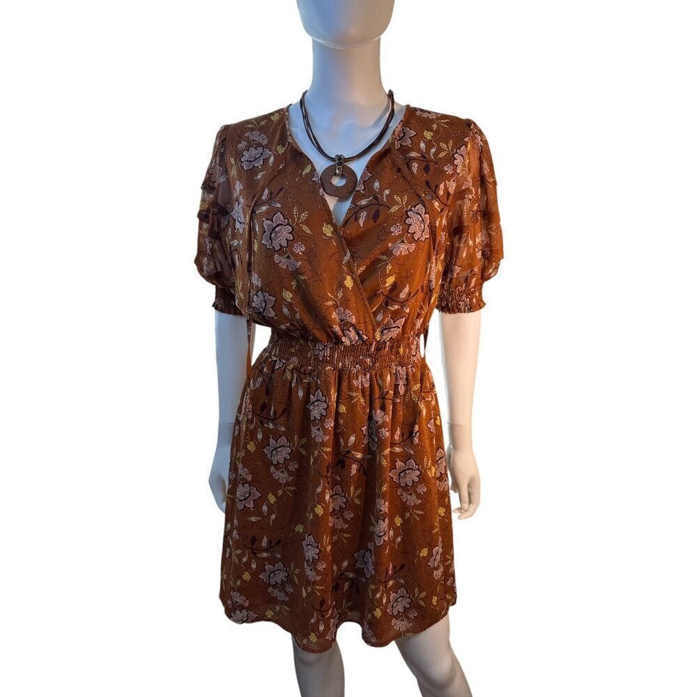Collective Concepts Floral Rust Dress Size S 3/4 Smocked Sleeves EUC